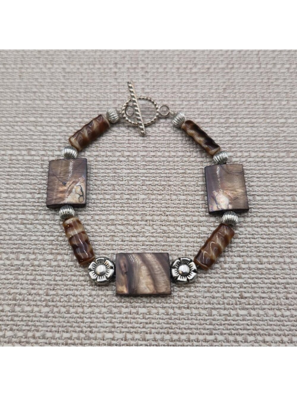 8.5 Inch Boho Brown Striped Shell Rectangle Bead Toggle Flower Bracelet B1596